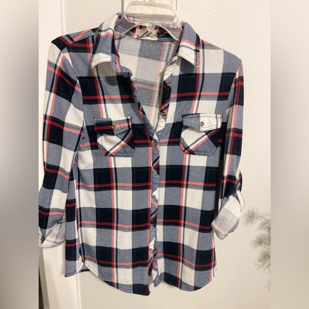 Passport Womens Plaid Button Up Shirt 3/4 sleeves White Red Blue Size Small